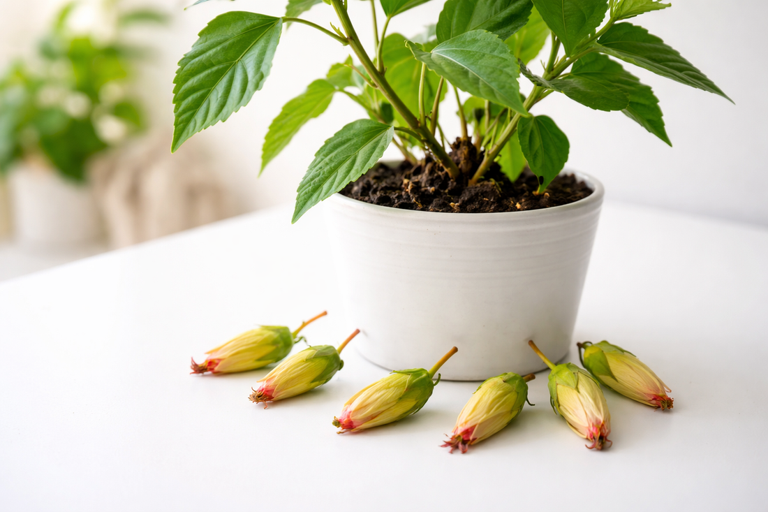 hibiscus cu boboci căzuți în ghiveci interior