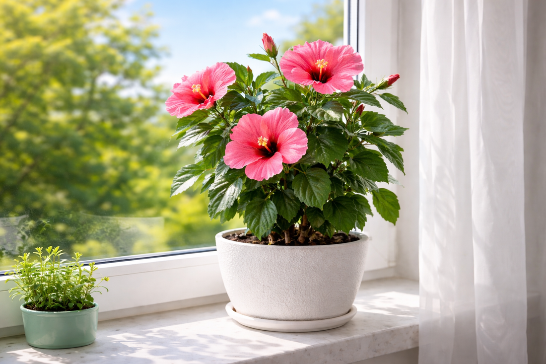 hibiscus la geam în lumină naturală puternică în apartament