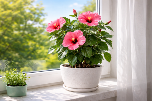 hibiscus la geam în lumină naturală puternică în apartament